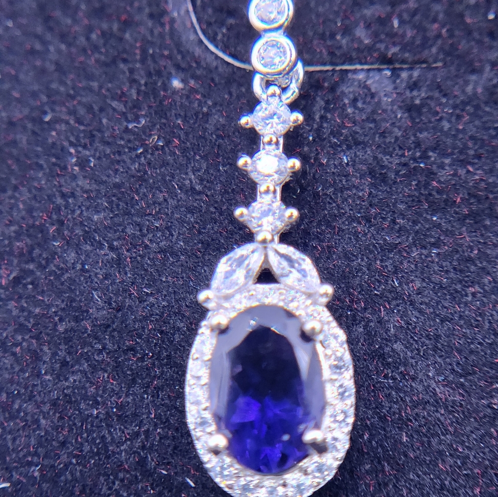 Solid Silver Dangling Blue Sapphire With White To… - image 2